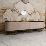 Luxury TV Stand with Textured Upholstered Panels Geometric Stainless Steel Base and Spacious Cabinet Storage